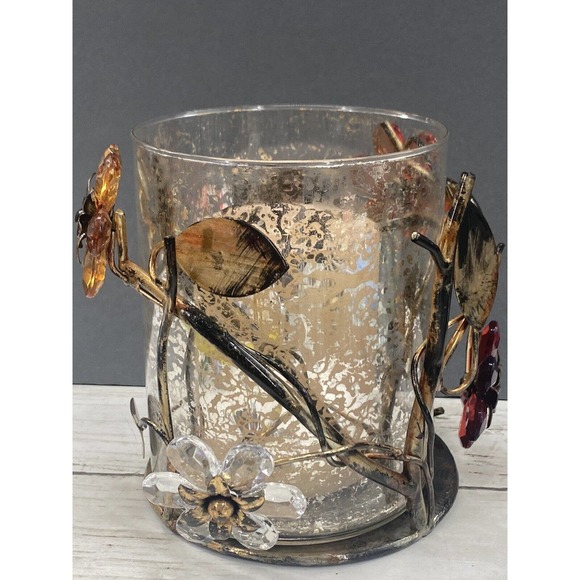 Vintage Gilded Metal Crystal Flowers Floral Design 3 Pc Pillar Candle Holder - Picture 8 of 11